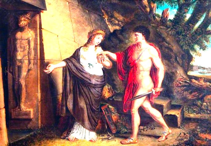 Teseu e Ariadne na entrada do labirinto