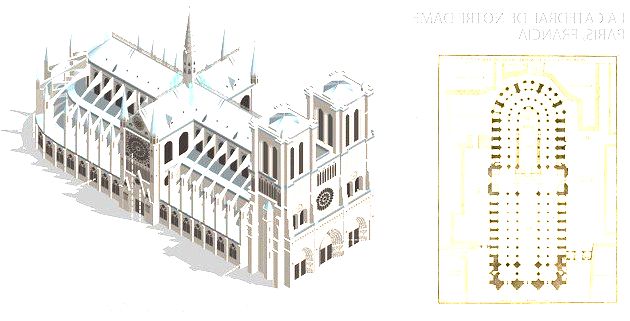 A esquerda vemos a planta da Catedral de Notre Dame, a direita observamos elementos arquitetônicos exteriores.