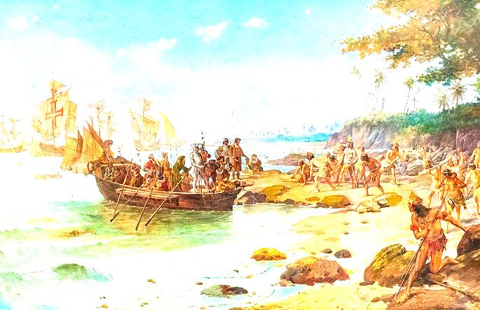 Desembarque de Cabral em Porto Seguro (óleo sobre tela), autor: Oscar Pereira da Silva, 1904. Acervo do Museu Histórico Nacional, Rio de Janeiro.