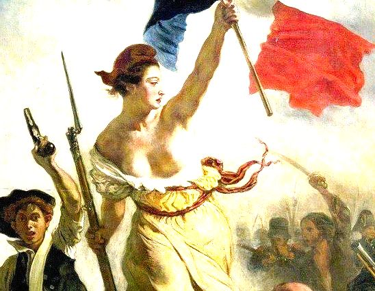 mulher com torso nu em campo de batalha empunhando a bandeira da França. A liberdade quiando o povo