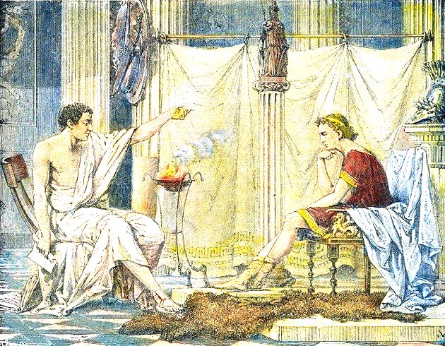 Figura representando Aristóteles transmitindo ensinamentos para Alexandre.