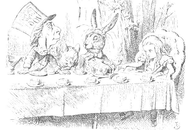 Alice tomando cha com Chapeleiro e Lebre, ilustração de John Tenniel.