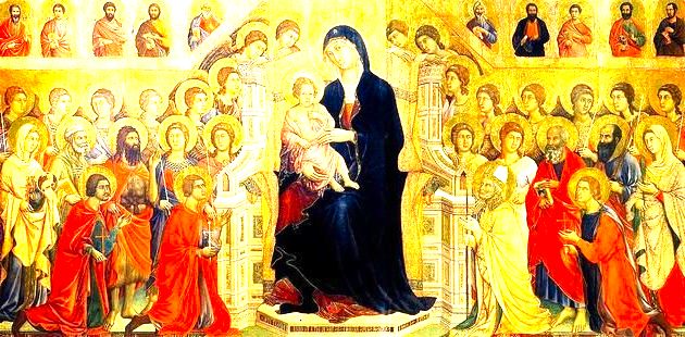 pintura medieval exibindo menino jesus sentado no colo de Maria ao redor de muitas pessoas