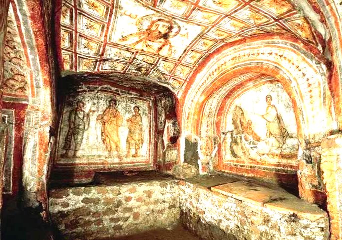 arte paleocristã exibe pinturas nas paredes de catacumba