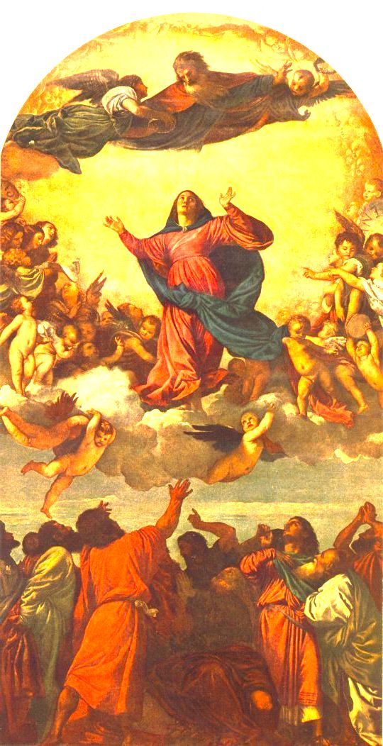 A assunção da Virgem, de Ticiano, mostra Maria subindo aos céus com apóstolos embaixo.