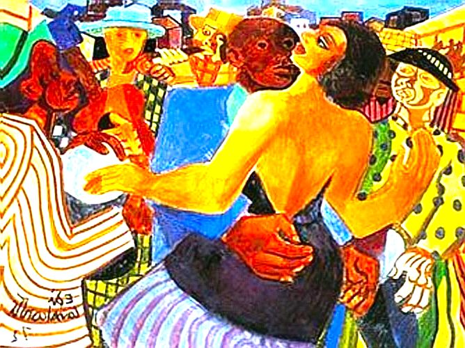 quadro Baile Popular, de Di Cavalcanti com pessoas dançando em cena colorida