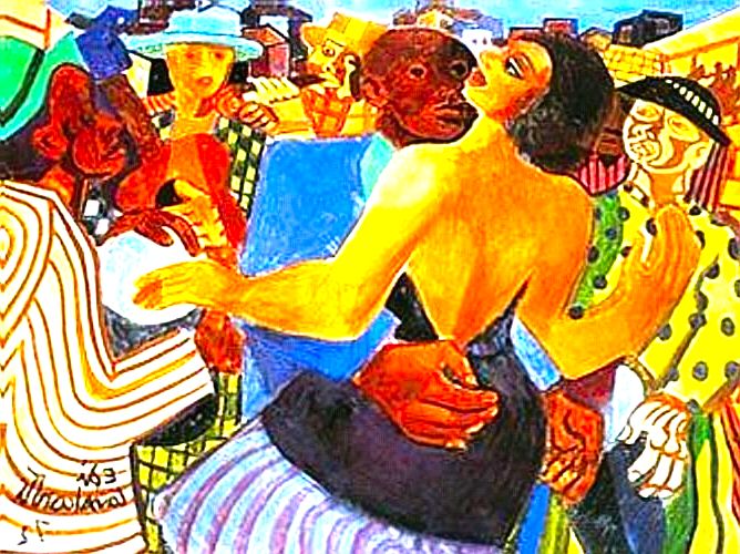 quadro Baile Popular, de Di Cavalcanti com pessoas dançando em cena colorida
