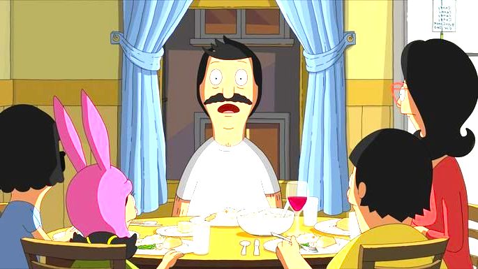 Família de desenhos animados em volta da mesa do jantar.