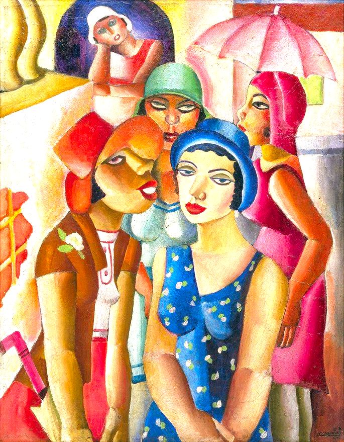 Quadro Cinco moças de Guaratinguetá (1930), de Di Cavalcanti com moças de chapéus em cores vibrantes