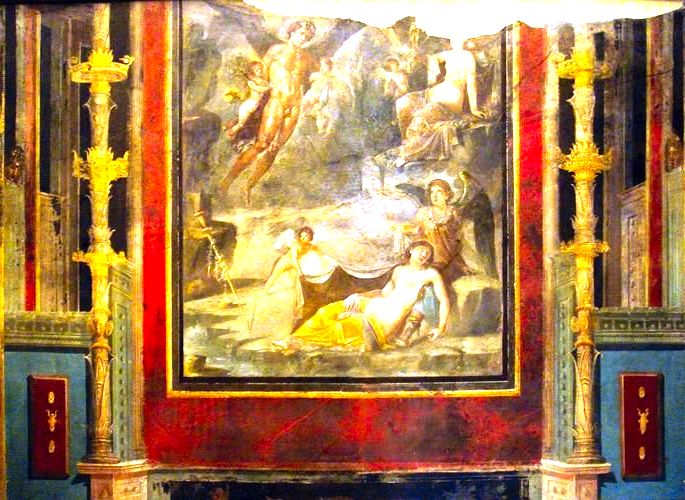 pintura romana no estilo intricado exibe painel com paisagens