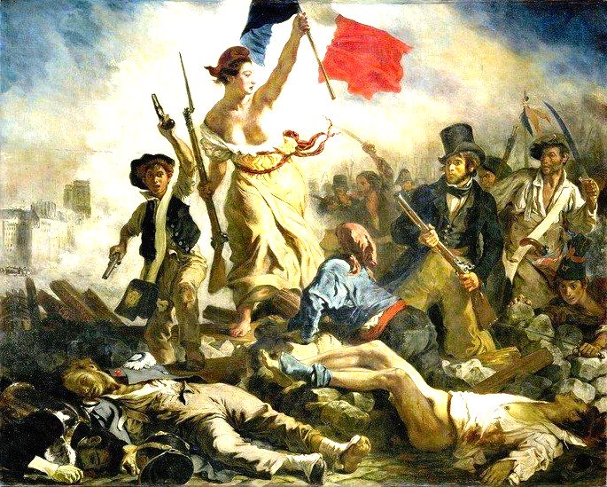 quadro A liberdade guiando o povo, de Delacroix, retrata cena de batalha com mulher segurando bandeira da França
