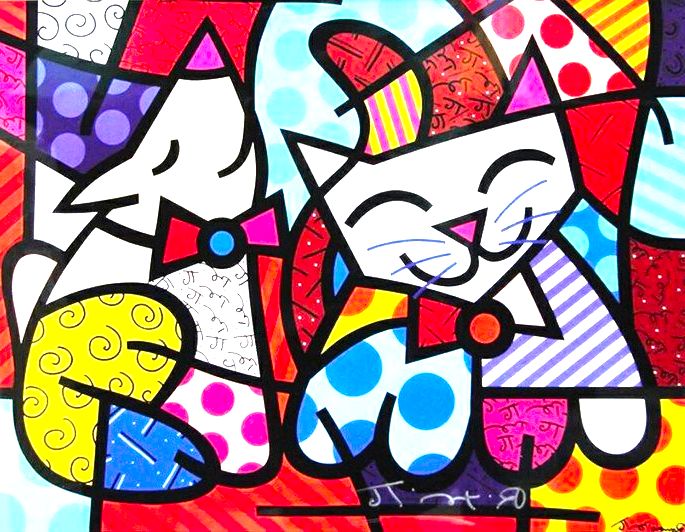 gato feliz e cachorro esnobe romero britto
