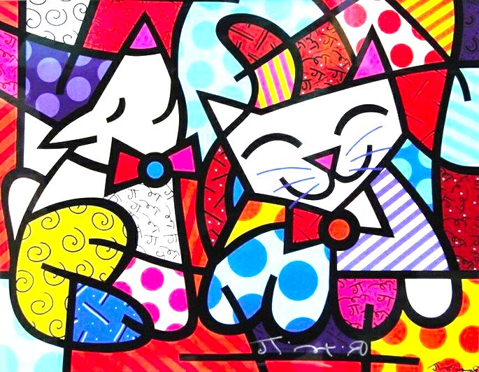 gato feliz e cachorro esnobe romero britto