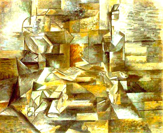 quadro cubista de Braque em tons de marrom e ocre exibindo garrafa e peixes