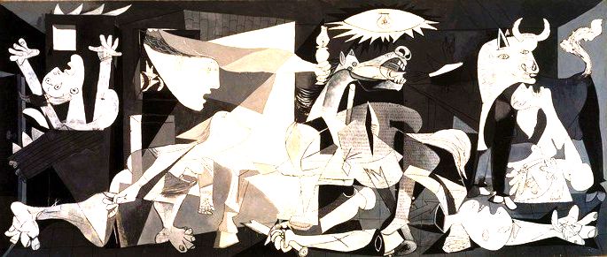 quadro Guernica, de Picasso, exibe figuras em preto e branco em cena de guerra