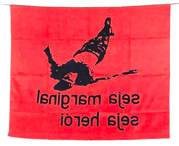obra de Helio Oiticica mostra tecido vermelho com imagem de pessoa caída e a frase 'seja marginal, seja herói'