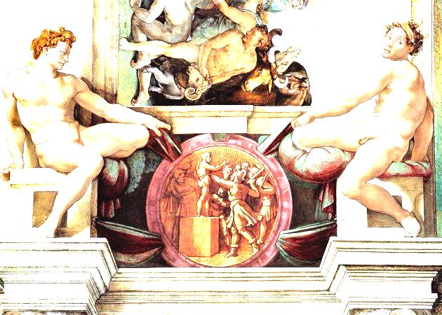 Afresco na Capela Sistina representando figuras masculinas nuas