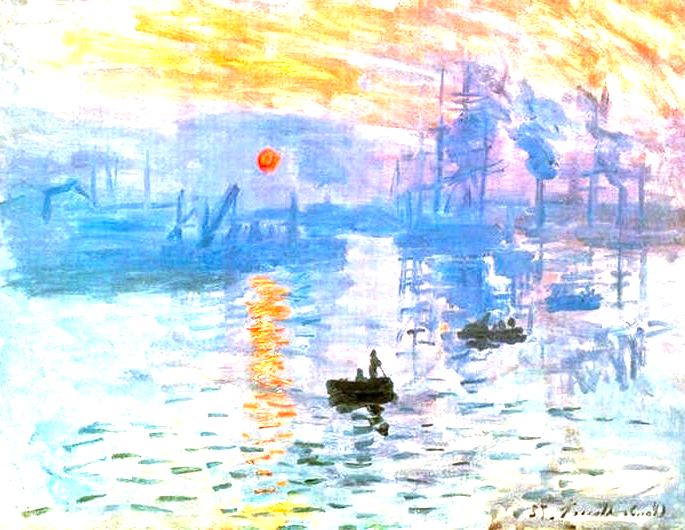 Quadro de Monet retratando um barco no mar em paisagem nublada e sol nascendo