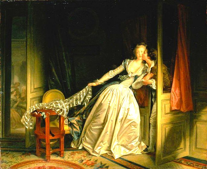 Jean-Honoré Fragonard: The Stolen Kiss, 1788, óleo sobre tela, 45 × 55 cm, Museu Hermitage, São Petersburgo.