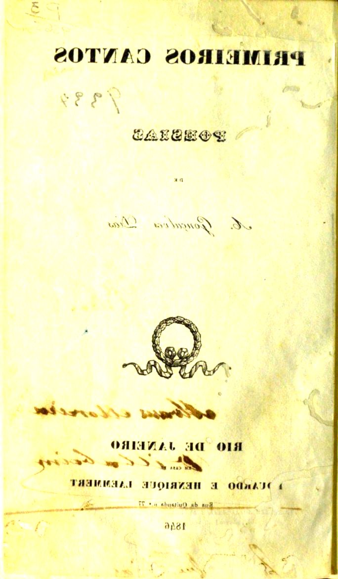 Capa da primeira edição do livro Primeiros cantos, de Gonçalves Dias, lançado em 1846.