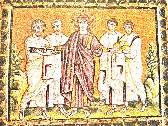 mosaico bizantino exibindo jesus distribuindo pães a outros homens