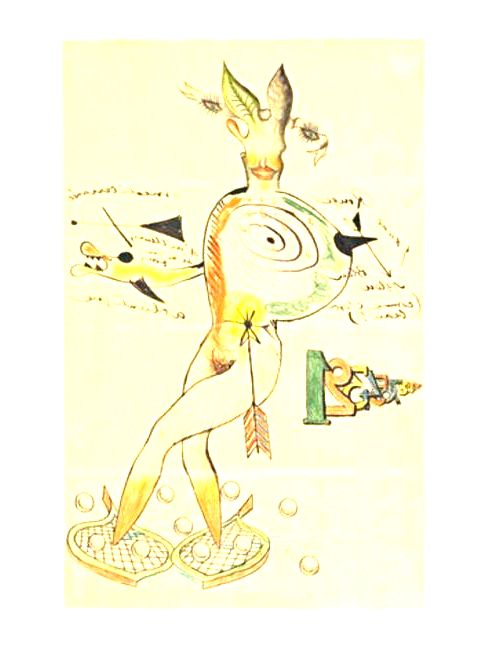 Exemplo de um Cadavre Exquis dos artistas Yves Tanguy, Joan Miró, Max Morise e Man Ray.
