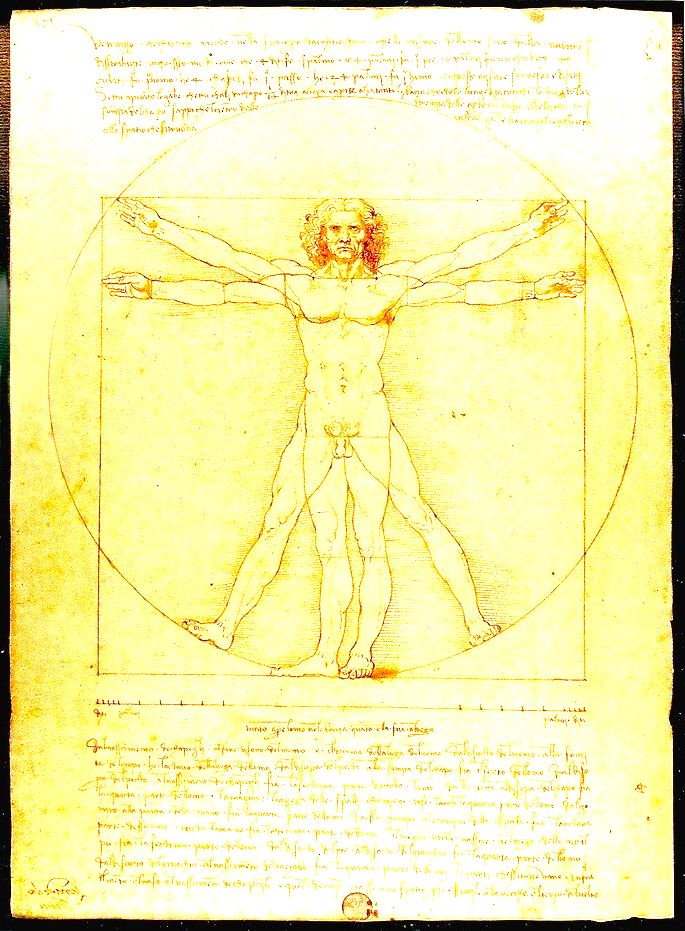 O homem vitruviano, de da Vinci, representa um homem nu de braços abertos dentro de um quadrado e um círculo