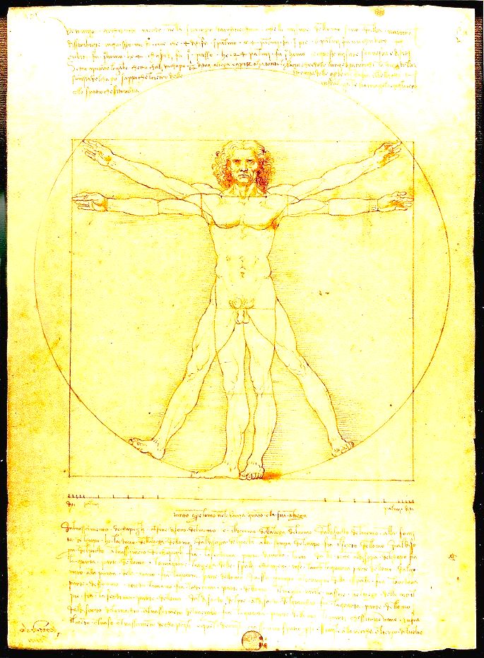O homem vitruviano, de da Vinci, representa um homem nu de braços abertos dentro de um quadrado e um círculo