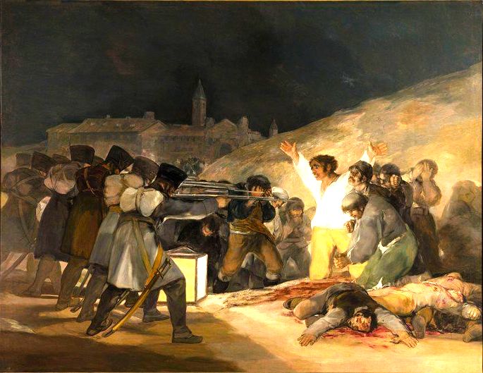 quadro de Goya retratando um fuzilamento em que um homem vestido de branco está com os braços abertos esperando ser assassinado