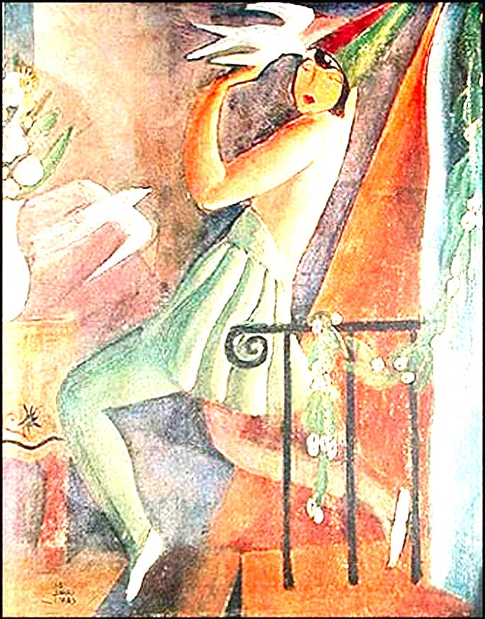 Pintura Pierrete, de Di Cavalcanti exibindo mulher fantasiada no carnaval com dois pássaros e vaso de flores