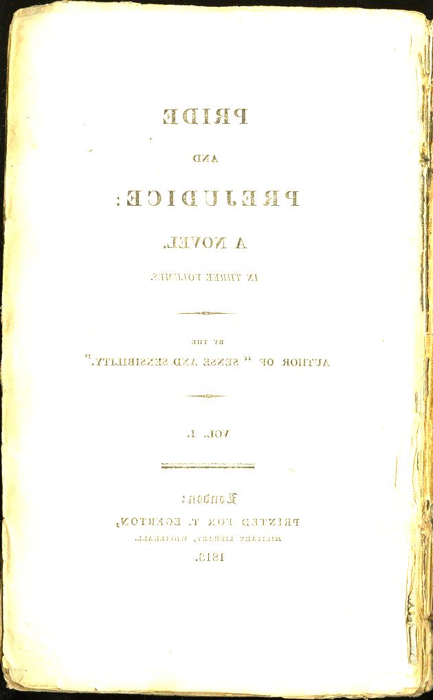 Frontispício da primeira edição de Pride and prejudice (Orgulho e preconceito).