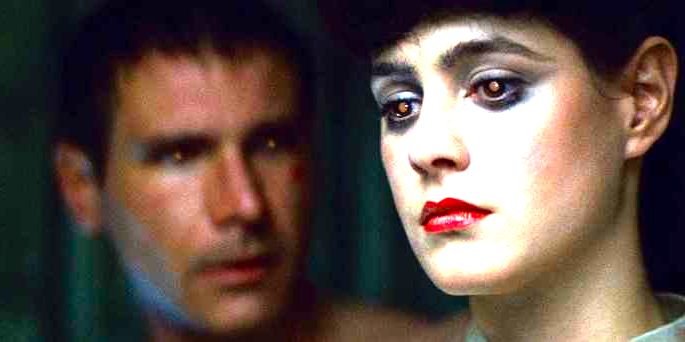 Deckard e Rachel em close exbindo os olhos com pupilas brilhantes