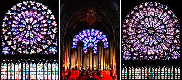 Esquerda: roseta do transepto norte. Centro: Roseta da fachada ocidental (observe o órgão tubular). Direita: roseta do transepto sul.