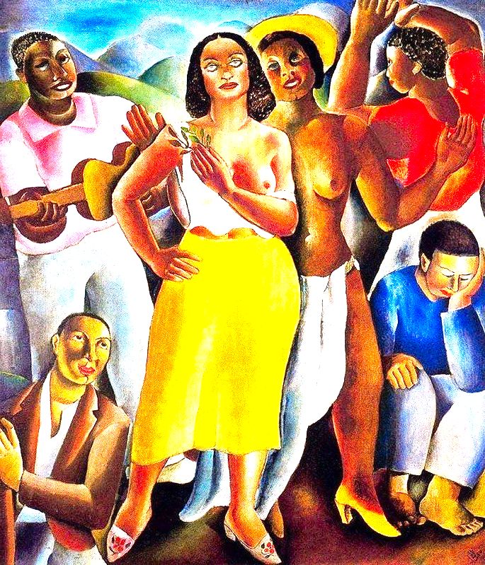 Quadro Samba, de Di Cavalcanti com duas moças com seio à mostra e homens tocando instrumentos no morro