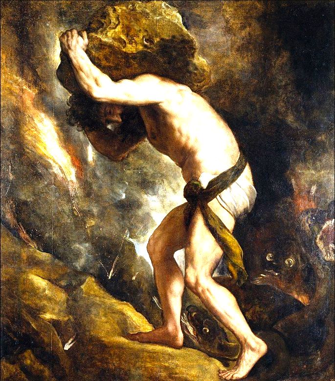 Pintura de Tiziano representando Sísifo empurrando uma pedra montanha acima.