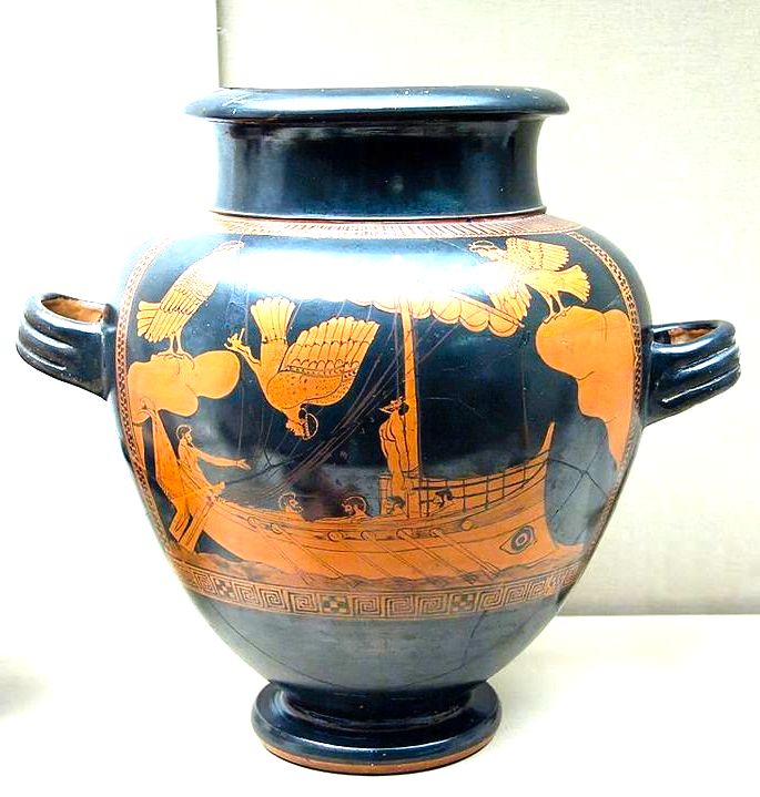 Ilustração de Ulisses e as sereias em um vaso da Grécia Antiga.