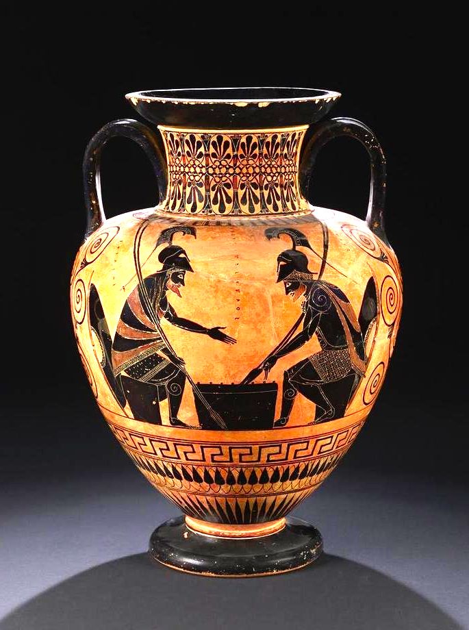 vaso grego representando figuras humanas em negro sobre fundo em vermelho