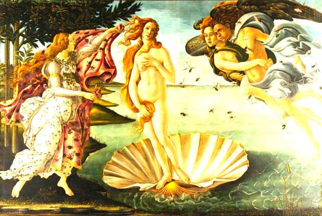 O Nascimento de Vênus - têmpera sobre tela, 1,72 m x 2,78 m, 1483 - Sandro Botticelli - Galleria degli Uffizi, Florença